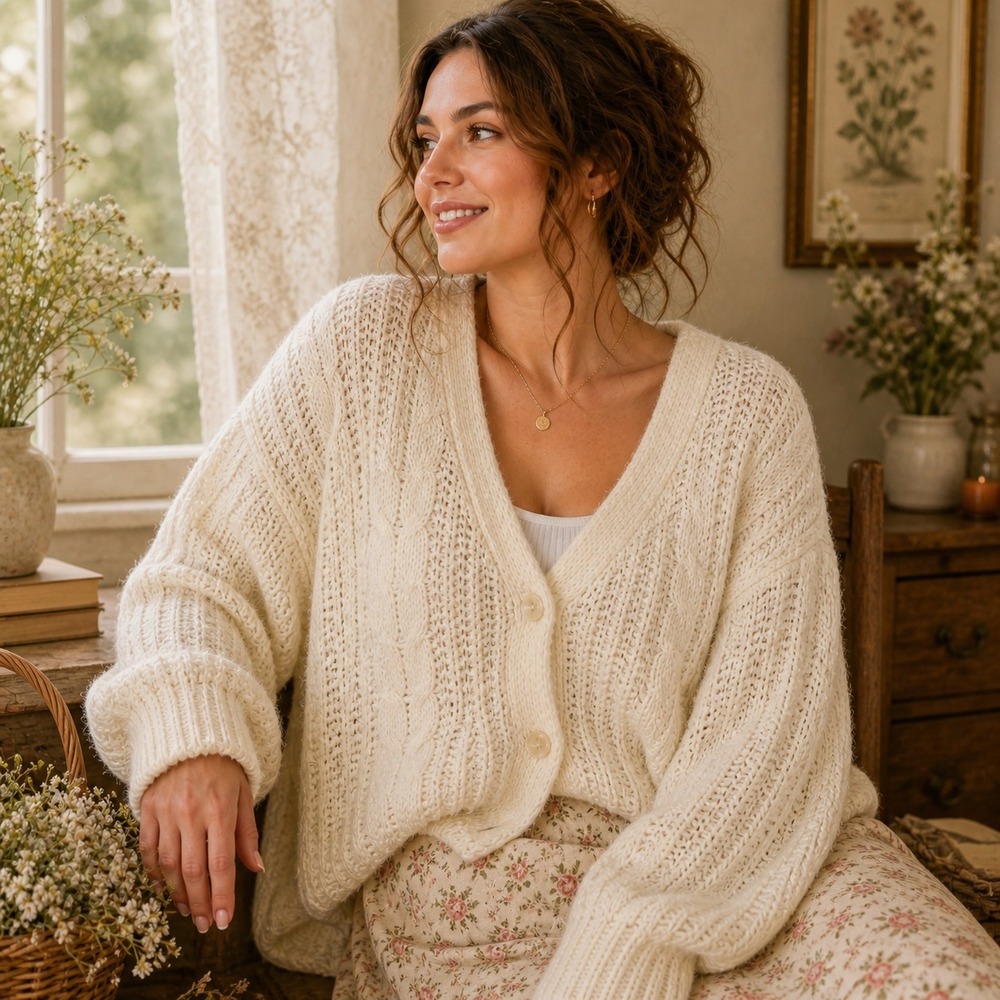 Sarit Cable Knit Cardigan Sweater Sz M Ivory Cropped Cottage Soft Girl Fisherman